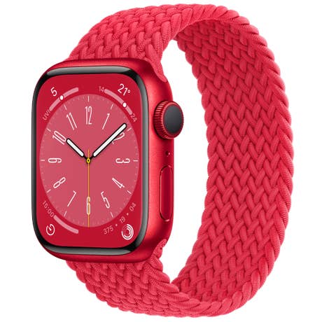 Apple Watch Series 8 - Seite mit Band schräg - Aluminium Rot + Rot geflochten Apple Watch Series 8 - Seite mit Band schräg - Aluminium Rot + Rot geflochten