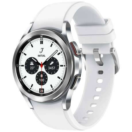 Samsung Galaxy Watch4 Classic LTE - Seite mit Band schräg - weiß Samsung Galaxy Watch4 Classic LTE - Seite mit Band schräg - weiß