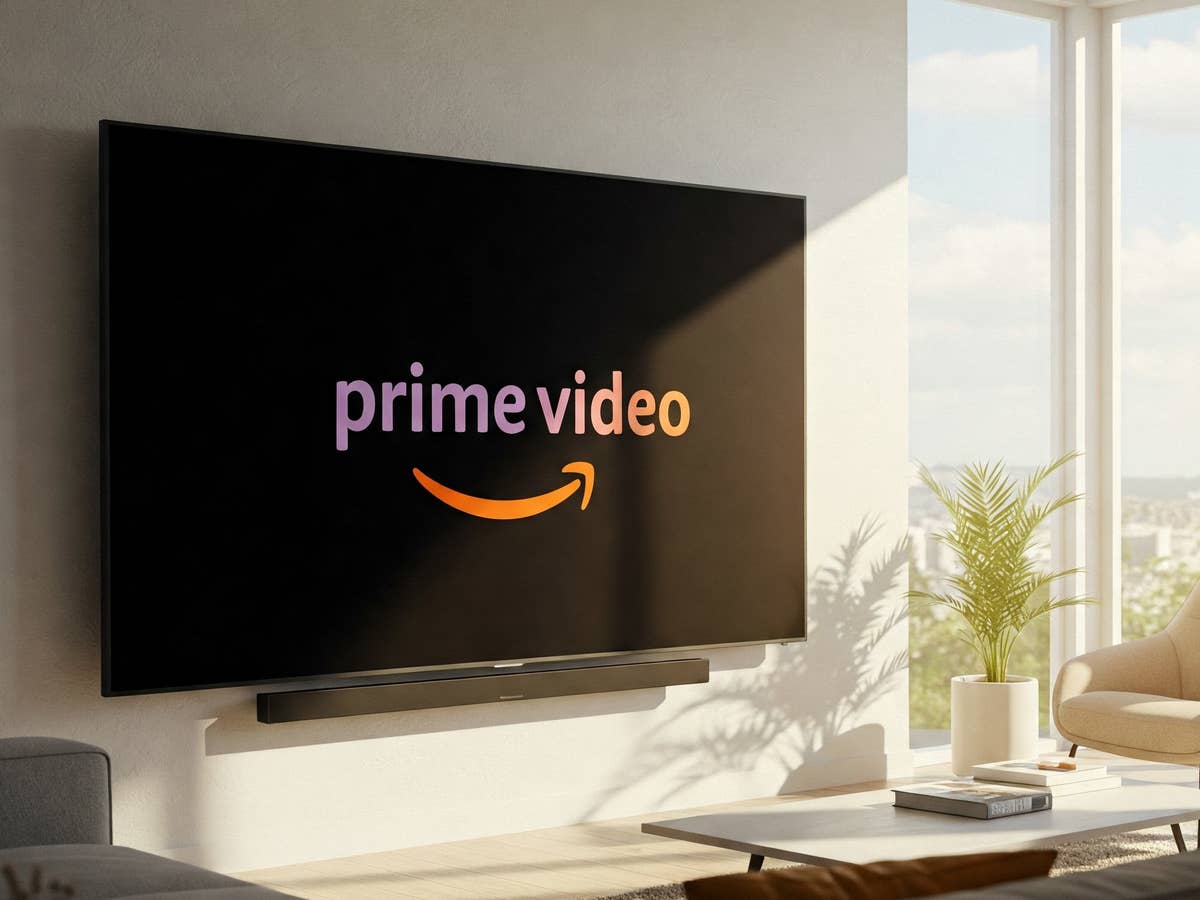 Amazon Prime Video Logo auf einem Fernseher in einem Wohnzimmer.