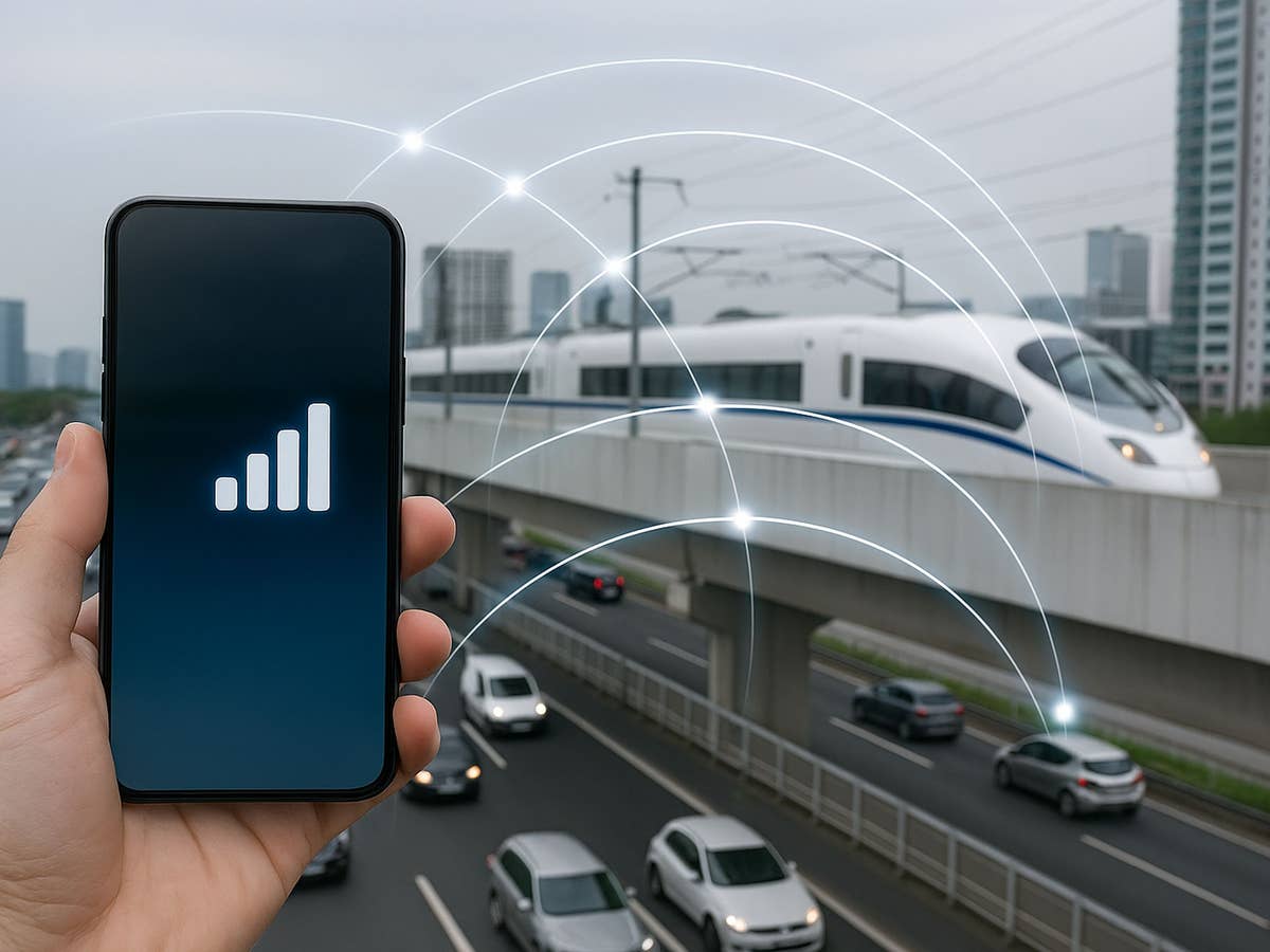 Ein Handy wird vor einer vielbefahrenen Straße und einem ICE gehalten