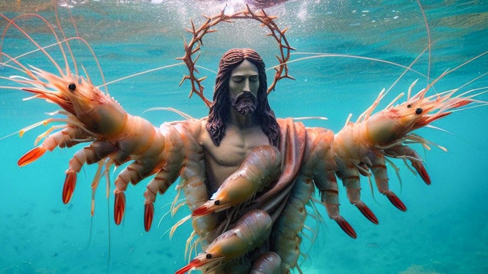 Ein Wesen, halb Jesus, halb Shrimp.