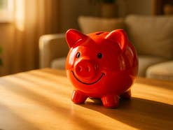 Tagesgeld: IKEA-Bank zündet überraschend neuen Zinskracher Rotes Sparschwein im Sonnenlicht auf einem Schreibtisch als Symbolbild für gutes Tagesgeld-Angebot.