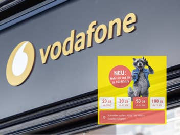 Vodafone-Logo an einer Wand - Einblendung von Tarif-Infos der Marke SIMon Mobile